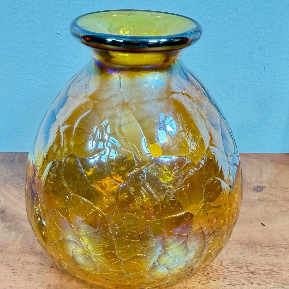 Vintage Amber Crackle Glass Vase Iridescent Hand Blown Round Bulbous Deco Vessel
